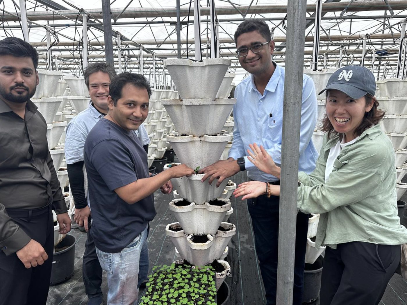 Team inspecting vertical growing towers